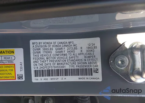 2025 Honda Civic Sport z USA, uszkodzony, nr VIN 2HGFE2F57SH553691